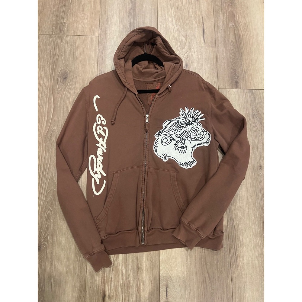 Ed Hardy Christian Audigier Mens M Brown Tiger Full Zip Hoodie Tattoo Y2K USA